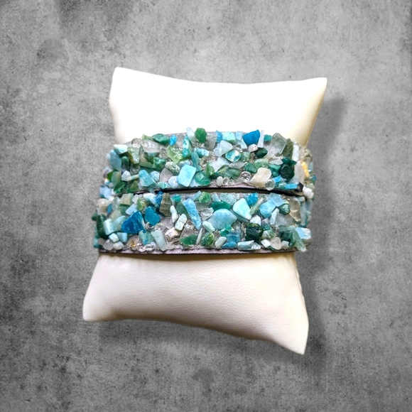 C1 Unique Natural Gemstone Double Wrap Bracelet Aqua Seafoam Green Mint Blue - Picture 6 of 17